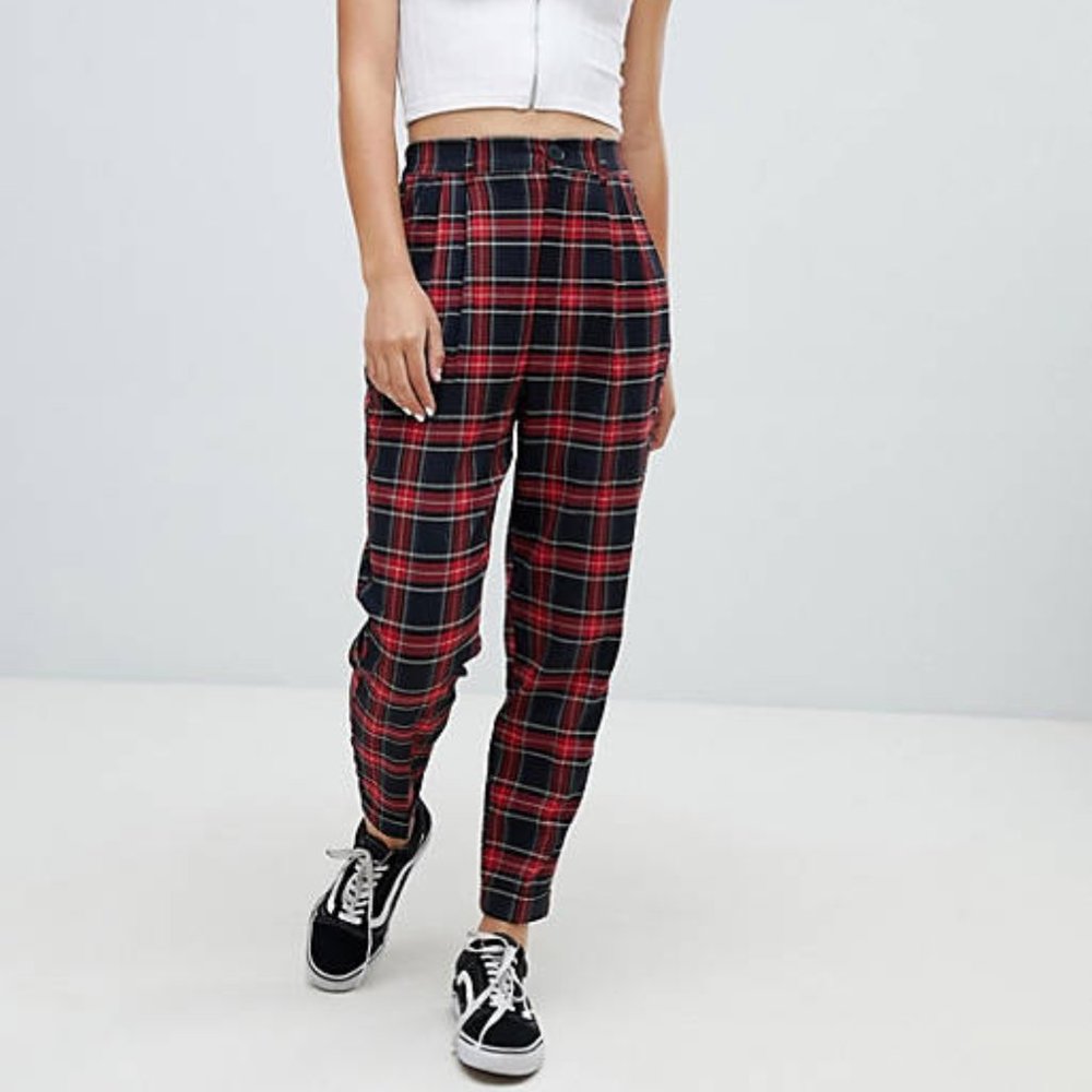 Bershka Red Plaid High Rise Tapered Pants
